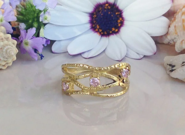 Sapphire Gemstone Rings in a Cathedral SettingRose Quartz Ring - October Birthstone - Gold Ring - Simple Jewelry - Hammered Ring - Pink Quartz Ring