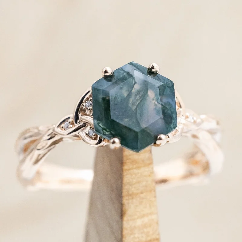 "AMARIS" - CELTIC KNOT ACCENTED HEXAGON CUT MOSS AGATE ENGAGEMENT RING WITH DIAMOND ACCENTS