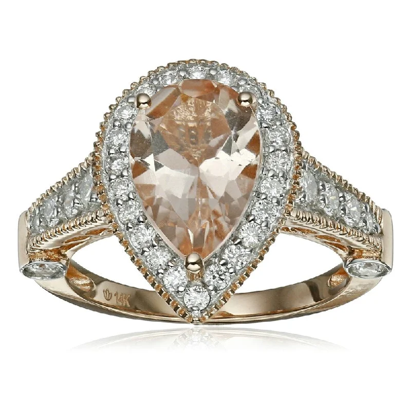 14k Rose Gold Morganite and Diamond Solitaire Pear Shape Ring , Size 7