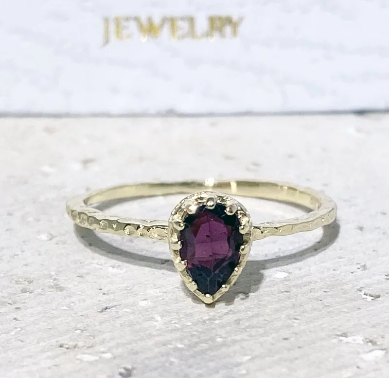 Ruby Gemstone Rings with Diamond AccentsRed Garnet Ring - Gemstone Ring - Stacking Ring - Hammered Ring - January Birthstone - Teardrop Ring