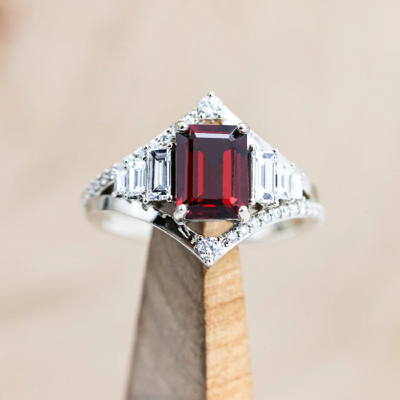 "ATHENA" - EMERALD CUT MOZAMBIQUE GARNET ENGAGEMENT RING WITH DIAMOND ACCENTS