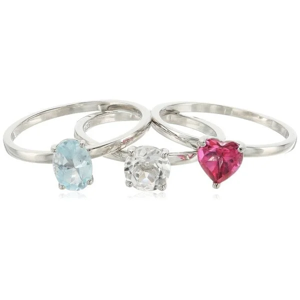 Sterling Silver Pink, Blue Topaz, Crystal set of 3 Ring, Size 7 - Pink