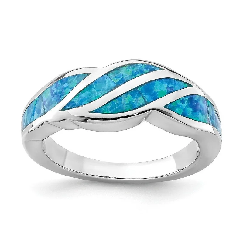 Curata 925 Sterling Silver Rhodium Plated Lab Simulated Blue Opal Inlay Ring