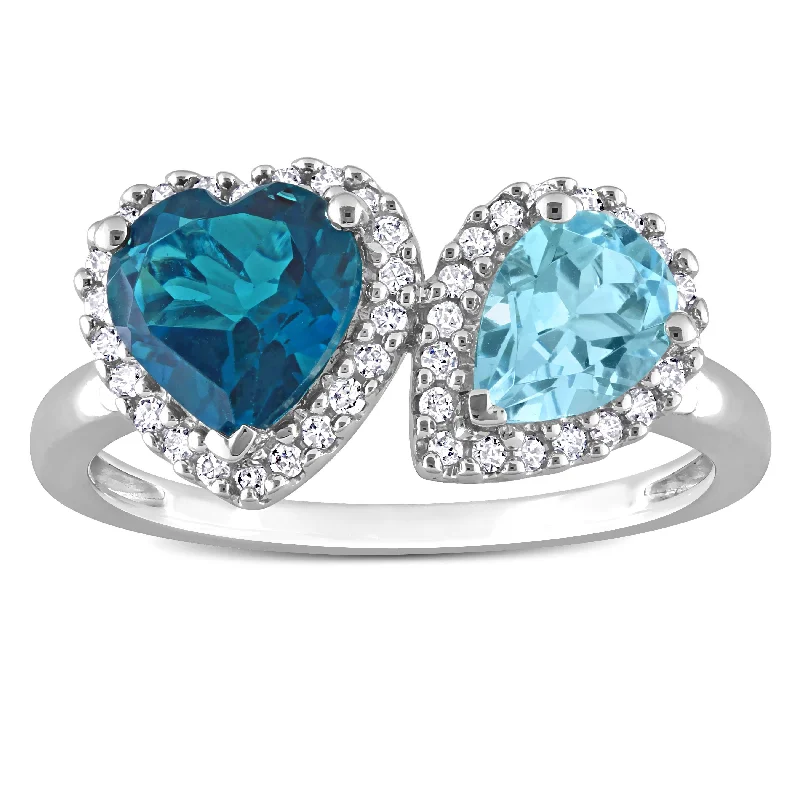 Three - Stone Diamond Rings with Princess - Cut DiamondsMiadora London & Sky-Blue Topaz and 1/5ct TDW Diamond Heart and Teardrop Ring in 10k White Gold