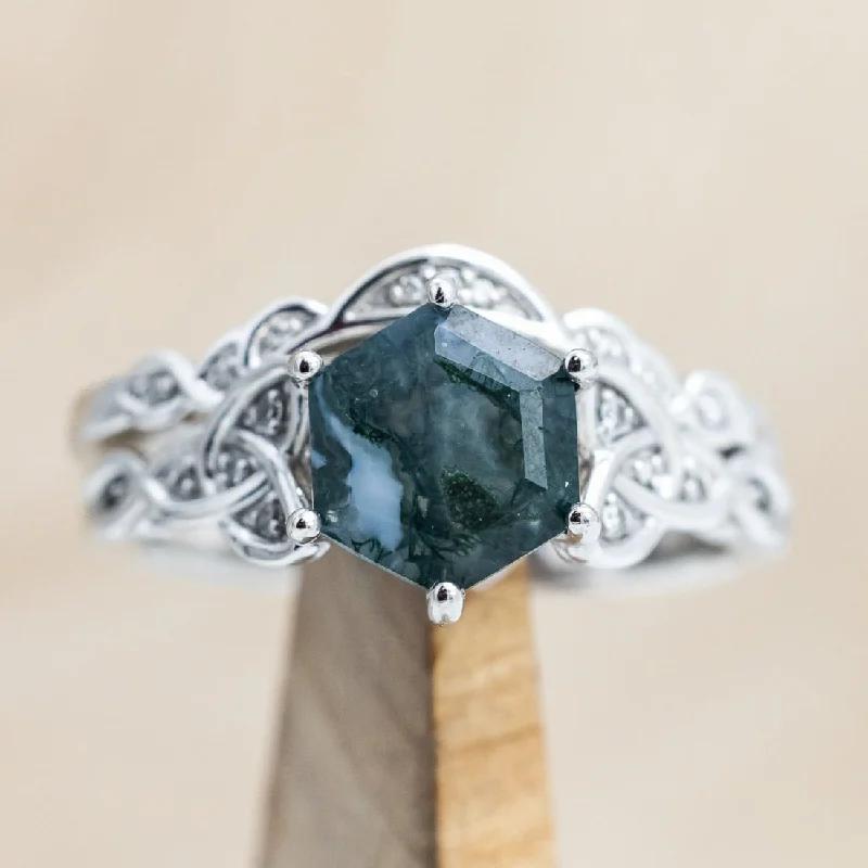 "AIFE" - CELTIC KNOT ACCENTED HEXAGON CUT MOSS AGATE ENGAGEMENT RING WITH GREEN TOURMALINE & A DIAMOND TRACER