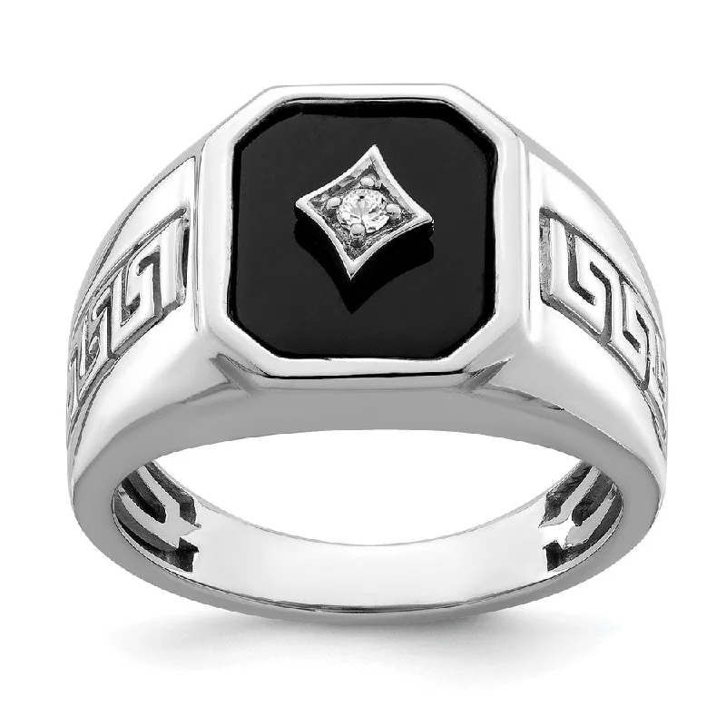 Emerald Gemstone Rings with Filigree - Bordered Settings14k White Gold Onyx and Diamond Greek Key Design Mens Ring