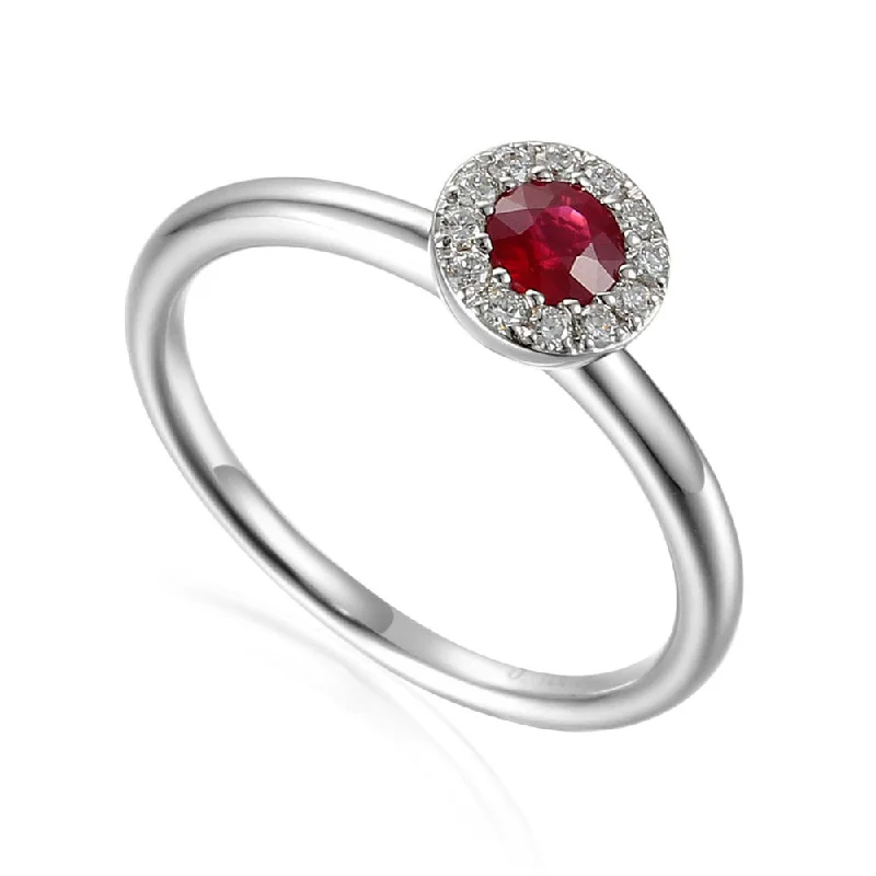 Solitaire Diamond Rings in Platinum Settings18ct White Gold 0.18ct Ruby And 0.07ct Diamond Halo Ring