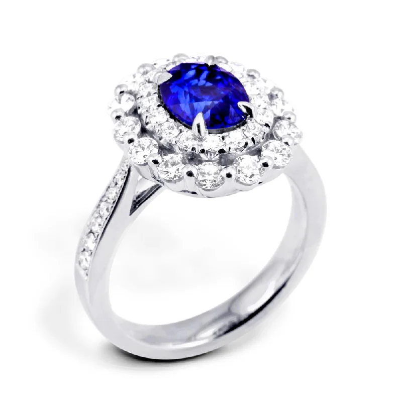 Vintage - Inspired Diamond Rings with Filigree Work18ct White Gold 2.30ct Oval Cut Blue Sapphire And 1.09ct Double Diamond Halo Ring