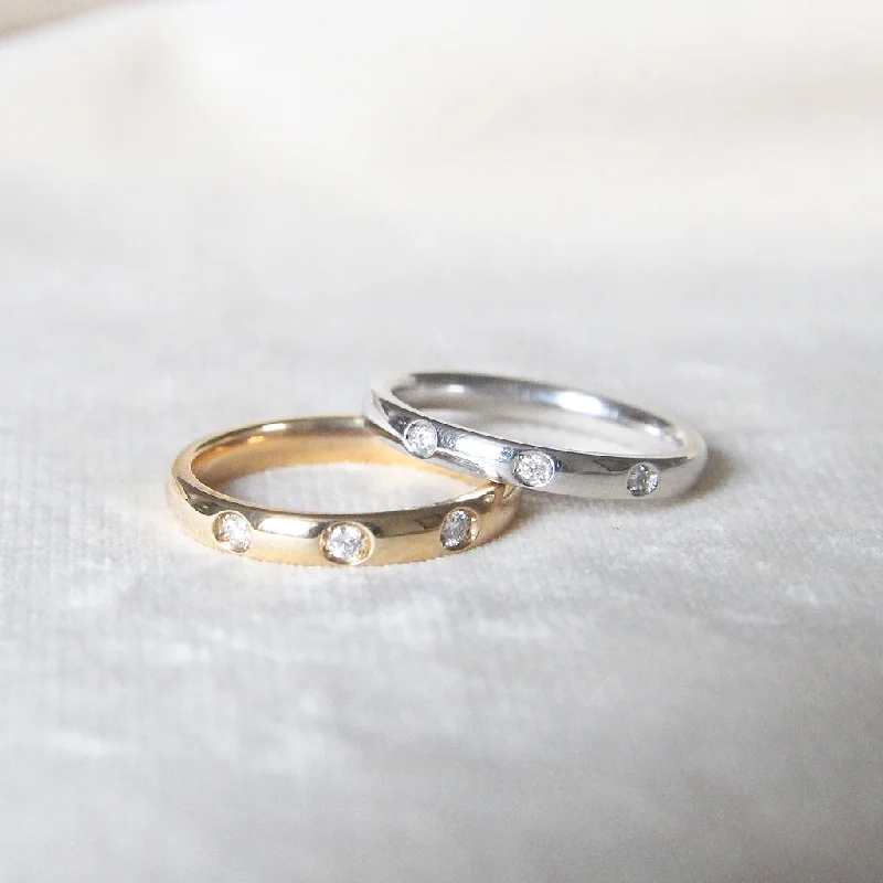 Custom - Engraved Wedding Bands with a Special MessageThe Court Shape Wedding Band with Three Diamonds