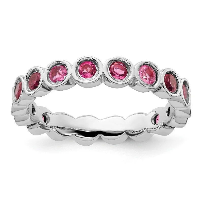 Curata 925 Sterling Silver Bezel Polished Patterned Stackable Expressions Pink Tourmaline Ring