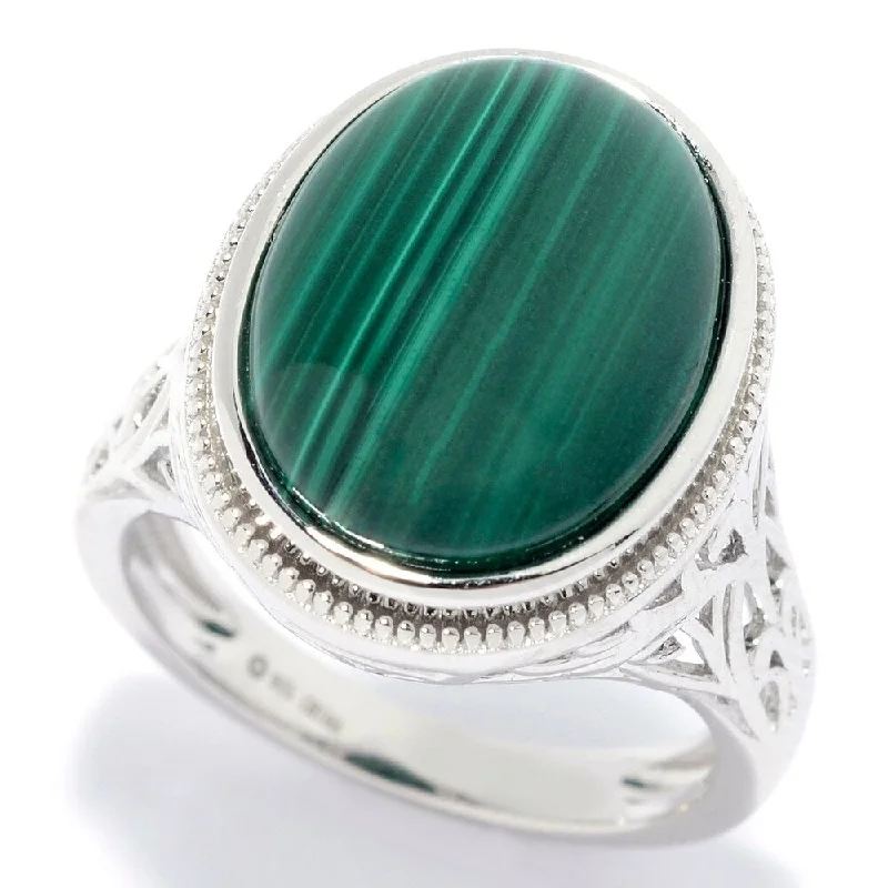 Sterling Silver 16 x 12mm Oval Malachite Scrollwork Ring