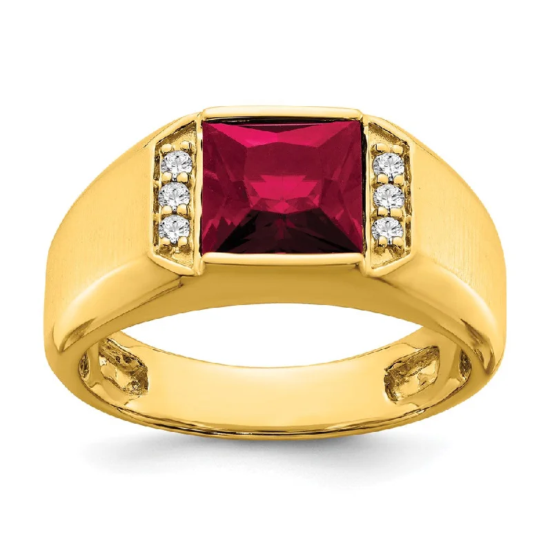 Ruby Gemstone Rings with Diamond Accents14K Yellow Gold Square Created Ruby and Diamond Mens Ring