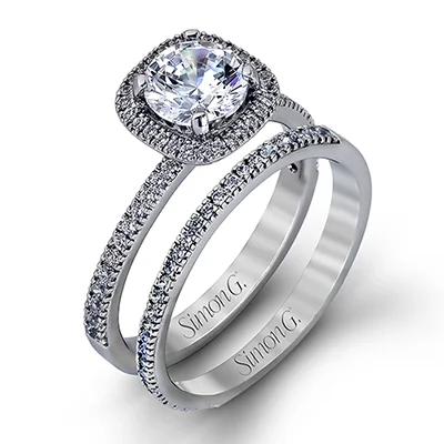 Halo - Style Diamond Rings with Smaller Accent DiamondsWedding Set in 18k Gold with Diamonds