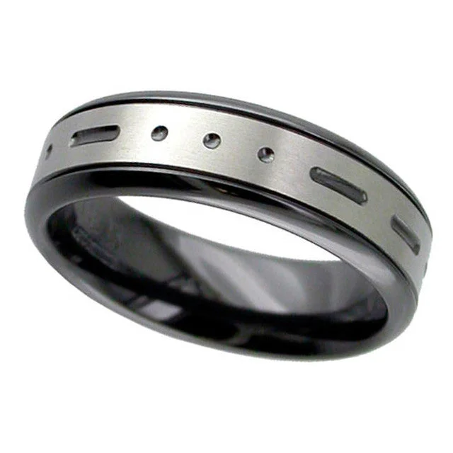 Wedding Bands with Micro - Pave Diamond AccentsMorse Code Zirconium Ring - Z127GRBMC