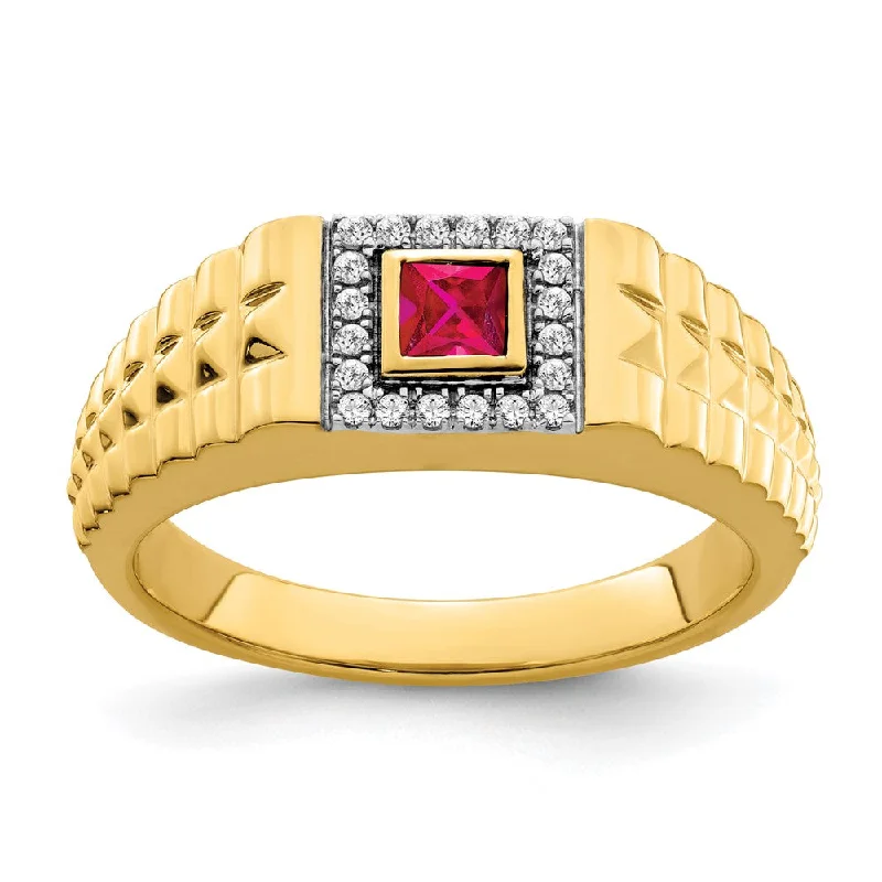 Multi - Gemstone Rings with a Rainbow of Colors14K Yellow Gold Square Ruby and Diamond Mens Ring