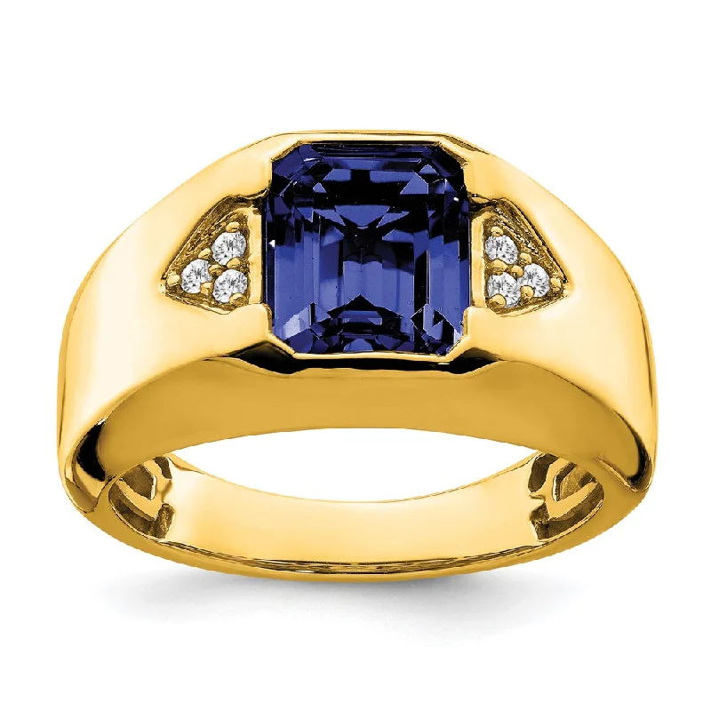 Sapphire Gemstone Rings in a Cathedral Setting14K Yellow Gold Emerald-cut Created Sapphire and Diamond Mens Ring