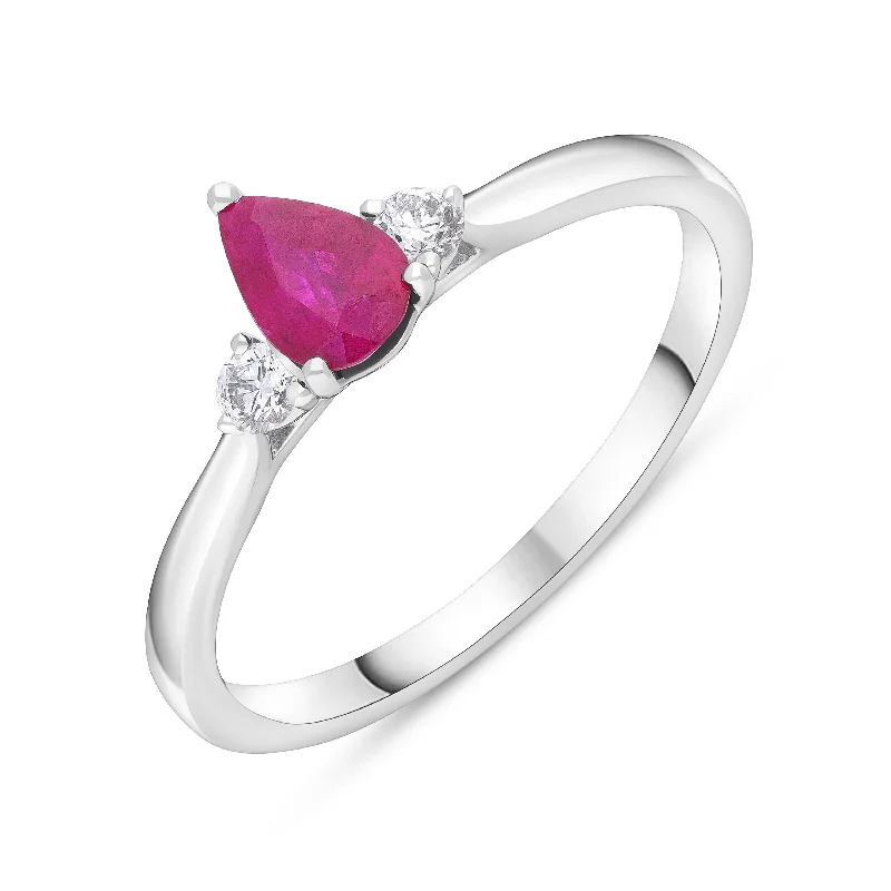 Wedding Bands with Micro - Pave Diamond Accents18ct White Gold 0.48ct Ruby 0.10ct Diamond Pear Cut Three Stone Ring