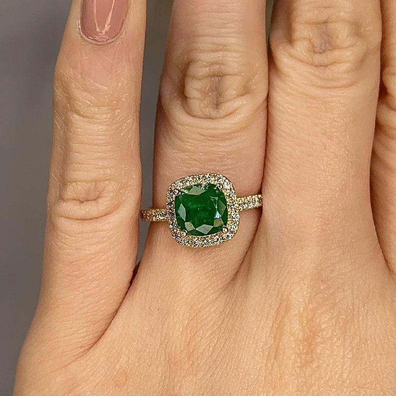 "Ines" 2.03 Carat Cushion Emerald Gem Halo Diamond Shoulder Ring