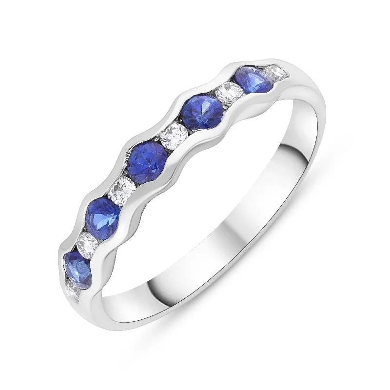 Comfort - Fit Wedding Bands for All - Day Wear18ct White Gold 0.48ct Sapphire 0.12ct Diamond Half Eternity Wave Ring