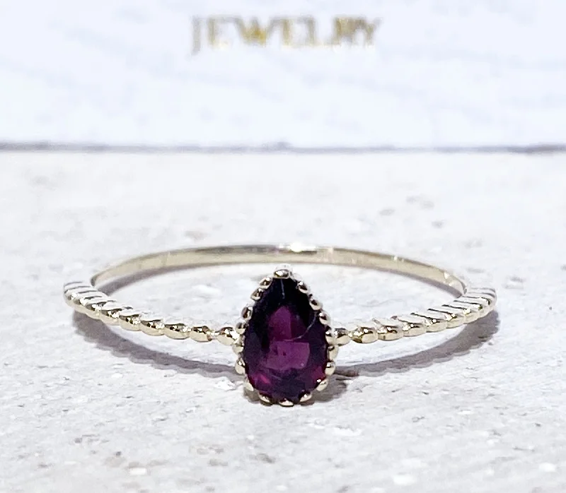 Ruby Gemstone Rings with Diamond AccentsRed Garnet Ring - January Birthstone - Pear-Shaped Red Garnet Gemstone Delicate Simple Ring