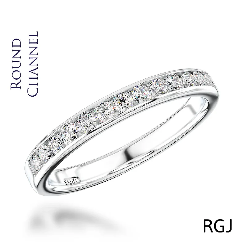 Matching Wedding Bands for a Coordinated LookThe Round Channel Platinum Round Brilliant Cut Diamond Half Eternity Ring