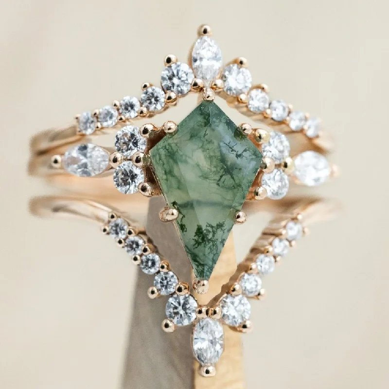 "SAGE" - BRIDAL SUITE - KITE CUT MOSS AGATE ENGAGEMENT RING WITH DIAMOND ACCENTS & TRACERS