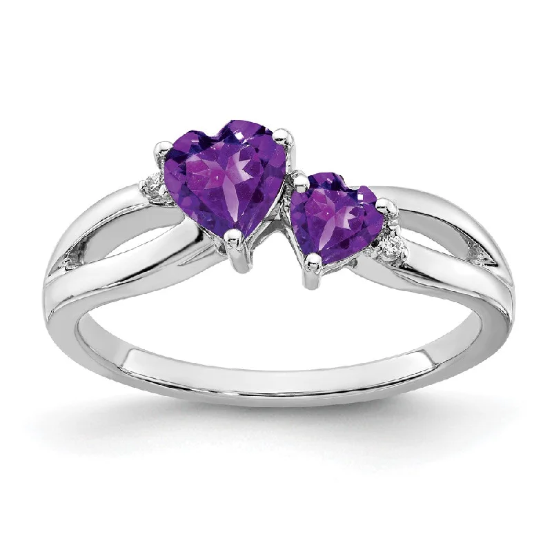 Amethyst Gemstone Rings in a Vintage - Style Setting10k White Gold Amethyst and Diamond 2-stone Heart Ring