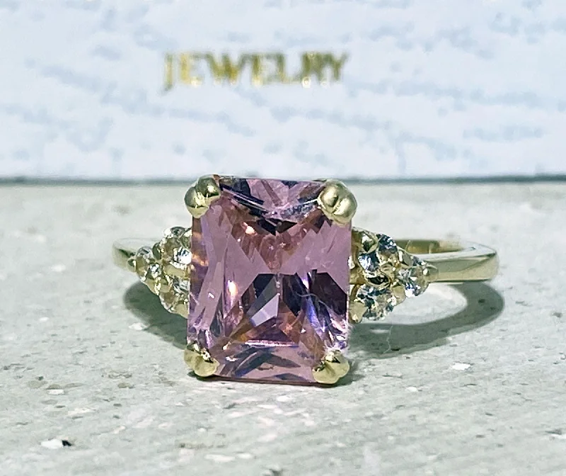 Ruby Gemstone Rings with Diamond AccentsRose Quartz Ring - October Birthstone - Statement Ring - Gold Ring - Engagement Ring - Rectangle Ring - Cocktail Ring