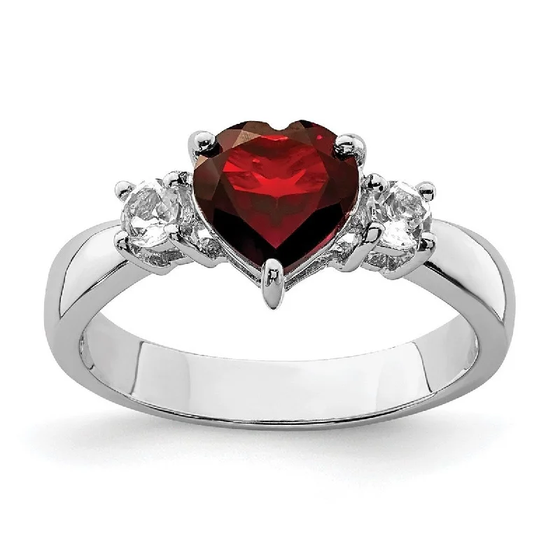 Curata 925 Sterling Silver Rhodium Plated Love Heart Garnet and White Topaz Ring