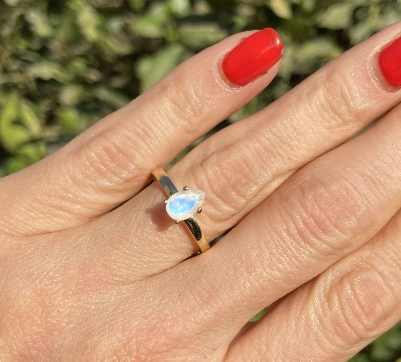 Emerald Gemstone Rings with Filigree - Bordered SettingsRainbow Moonstone Ring - June Birthstone - Teardrop Ring - Gold Band - Genuine Gemstone - Stacking Ring - Simple Ring - Prong Ring