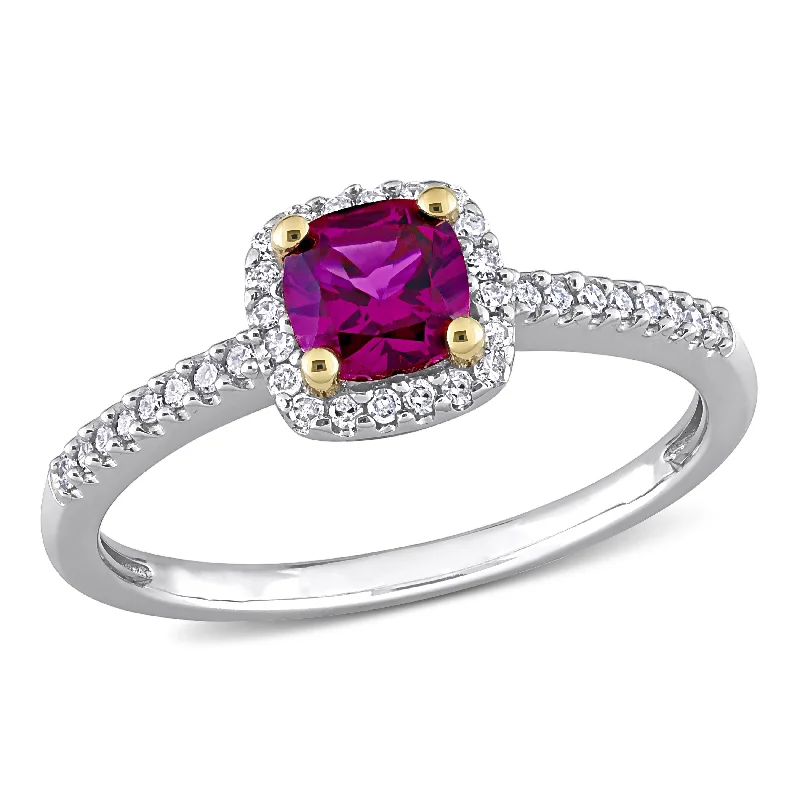 Three - Stone Diamond Rings with Princess - Cut DiamondsMiadora Cushion Rhodolite and 1/6ct TDW Diamond Halo Engagement Ring in 2-Tone 10k Gold