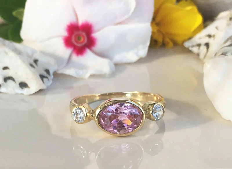 Ruby Gemstone Rings with Diamond AccentsRose Quartz Ring - Gold Ring - Bezel Ring - October Birthstone - Triple Gemstones Ring