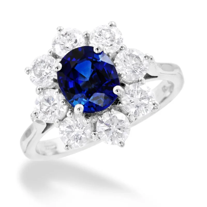 Halo - Style Diamond Rings with Smaller Accent Diamonds18ct White Gold 1.70ct Oval Cut Blue Sapphire And 1.65ct Round Brilliant Cut Diamond Halo Cluster Ring