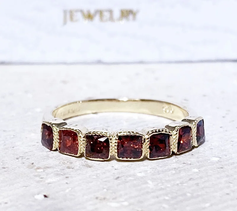 Ruby Gemstone Rings with Diamond AccentsRed Garnet Ring - January Birthstone - Half Eternity Ring - Stack Ring - Bezel Ring - Gold Ring