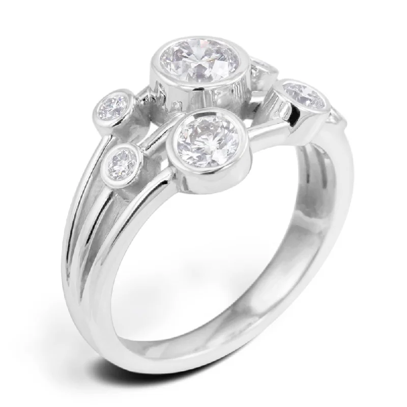 Three - Stone Diamond Rings with Princess - Cut Diamonds18ct White Gold 1ct Round Brilliant Cut Diamond Bubble Ring