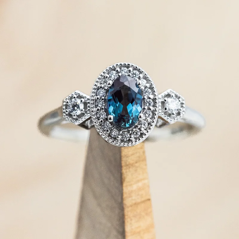 "AMELIA" - OVAL LAB-GROWN ALEXANDRITE ENGAGEMENT RING WITH DIAMOND HALO & ACCENTS