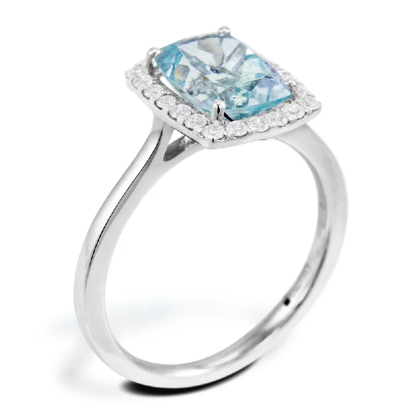 Three - Stone Diamond Rings with Princess - Cut Diamonds18ct White Gold 1.84ct Radiant Cut Aquamarine With 0.27ct Diamond Halo Ring