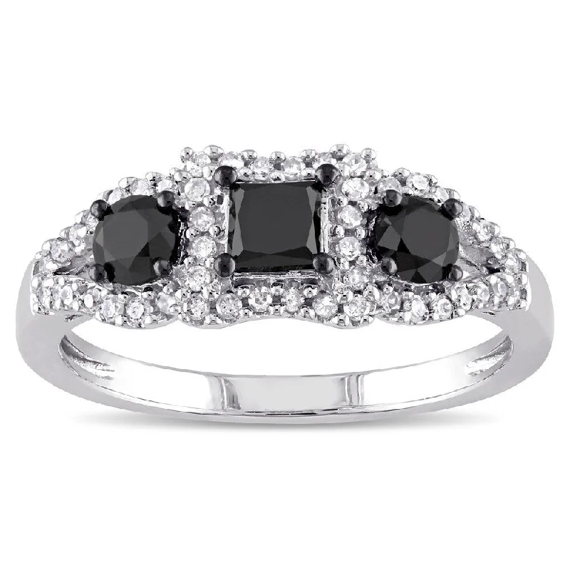 Vintage - Inspired Diamond Rings with Filigree WorkMiadora 10k White Gold 1ct TDW Black and White Diamond 3-stone Halo Ring