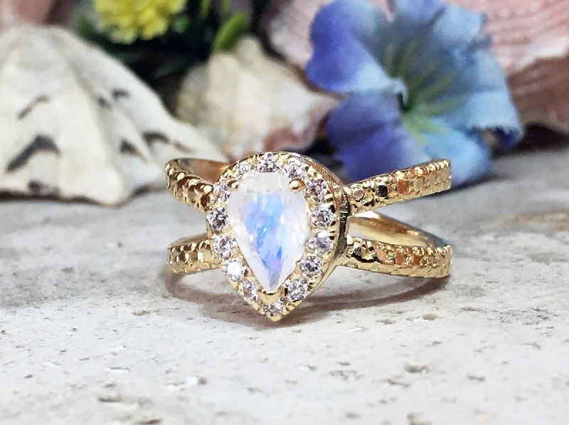 Multi - Gemstone Rings with a Rainbow of ColorsRainbow Moonstone Ring - June Birthstone - Statement Ring - Gold Ring - Engagement Ring - Teardrop Ring - Cocktail Ring - Prong Ring