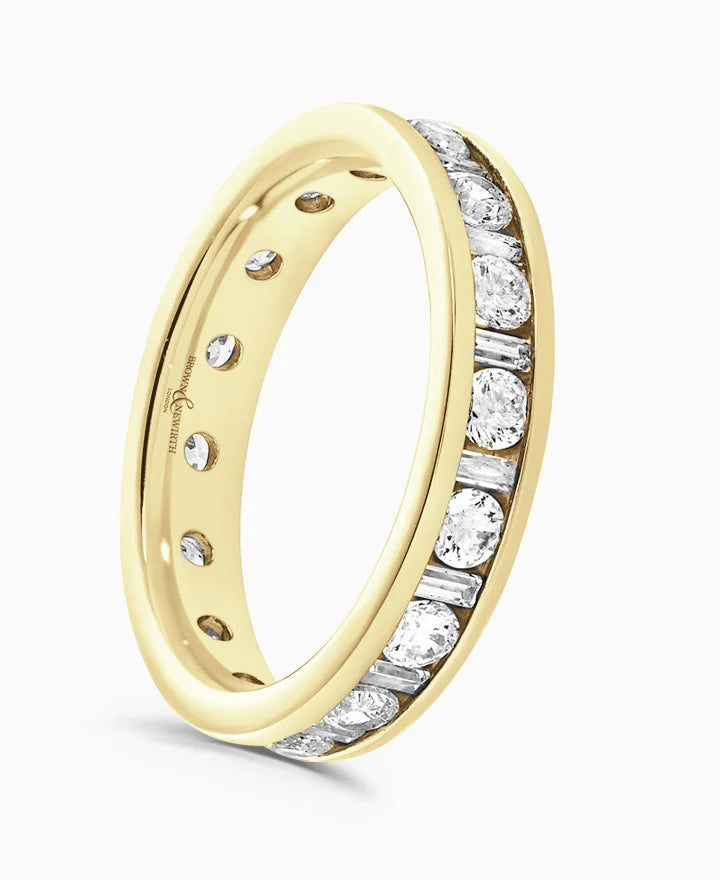 Comfort - Fit Wedding Bands for All - Day Wear18ct Yellow Gold 1.00ct Round Brilliant And Baguette Cut Diamond Channel Set Full Eternity Ring