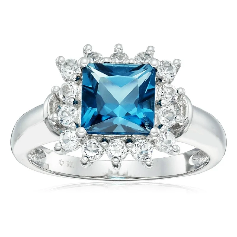 Sterling Silver London Blue Topaz & White Topaz Classic Princess Di Ring