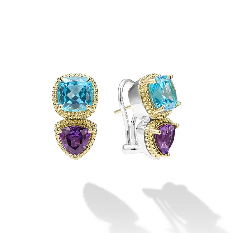 Emerald Gemstone Rings with Filigree - Bordered SettingsCaviar Color Two-Tone Amethyst and Swiss Blue Topaz Omega Clip Earrings