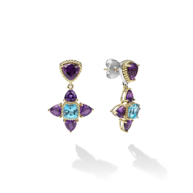 Sapphire Gemstone Rings in a Cathedral SettingCaviar Color Two-Tone Amethyst and Swiss Blue Topaz Floral Drop Earrings