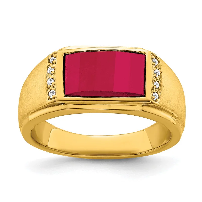 Emerald Gemstone Rings with Filigree - Bordered Settings14K Yellow Gold Created Ruby and Diamond Mens Ring