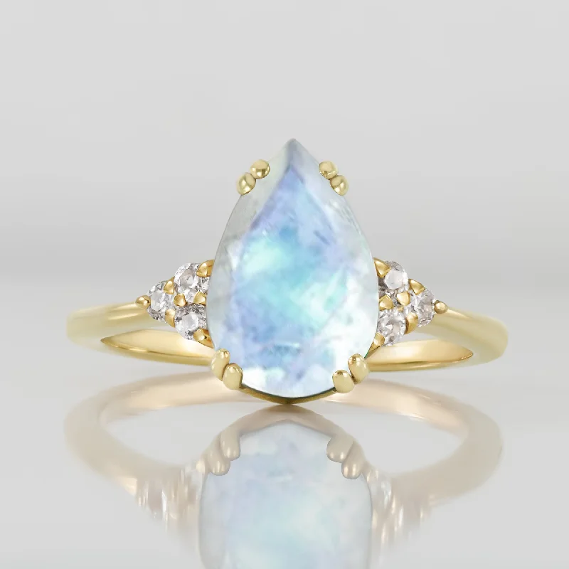 Multi - Gemstone Rings with a Rainbow of ColorsRainbow Moonstone Ring - June Birthstone - Pear-Shaped Rainbow Moonstone Statement Engagement Ring with Clear Quartz Accents