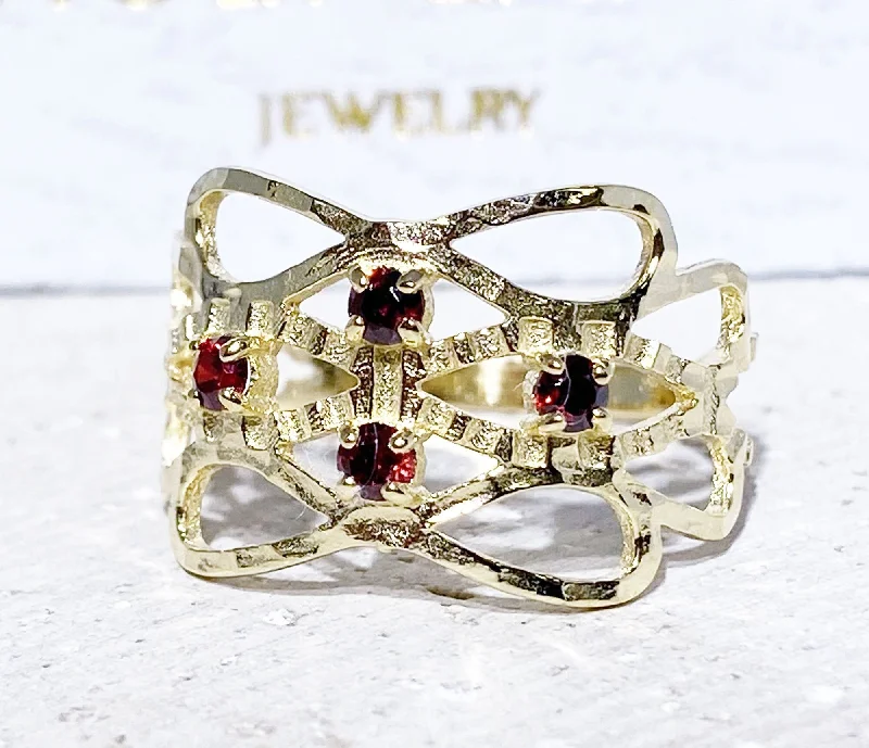 Multi - Gemstone Rings with a Rainbow of ColorsRed Garnet Ring - January Birthstone - Hammered Ring with Four Round Red Garnet Gemstones