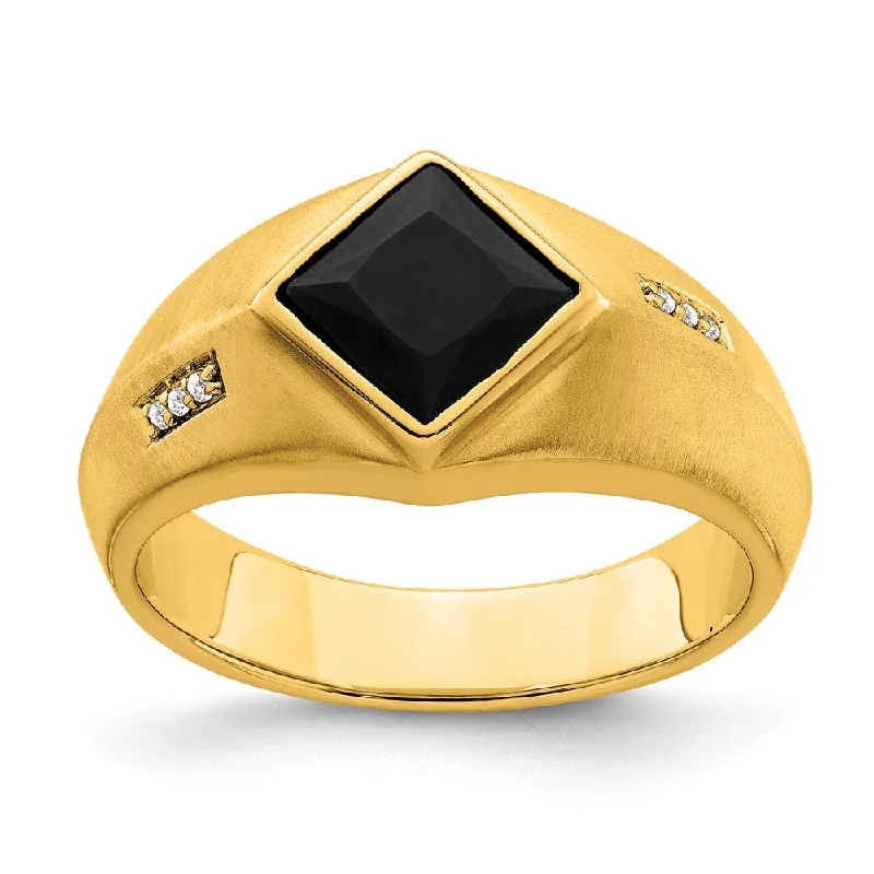 Emerald Gemstone Rings with Filigree - Bordered Settings14K Yellow Gold Onyx and Diamond Satin Mens Ring