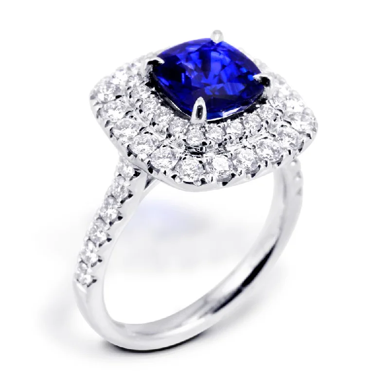 Halo - Style Diamond Rings with Smaller Accent Diamonds18ct White Gold 2.33ct Cushion Cut Blue Sapphire And 1.08ct Double Diamond Halo Ring