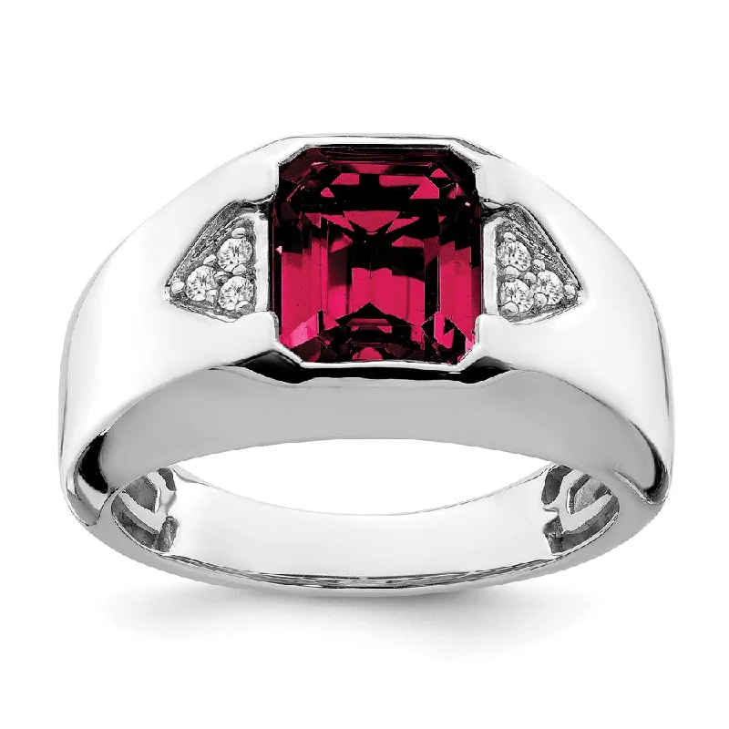 Multi - Gemstone Rings with a Rainbow of Colors14k White Gold Emerald-cut Created Ruby and Diamond Mens Ring