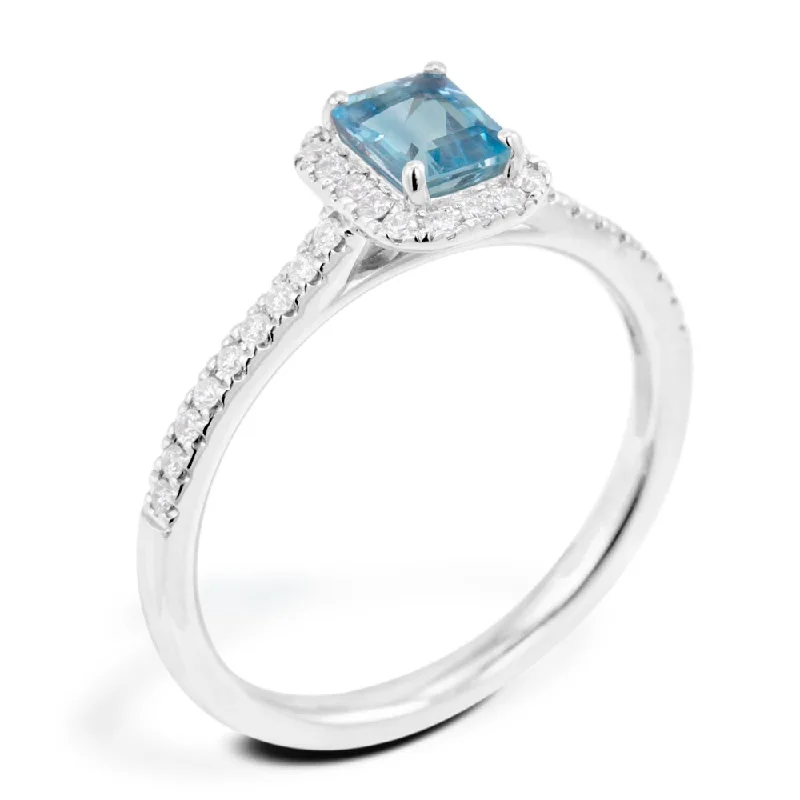 Custom - Designed Diamond Rings to Reflect Your Personality18ct White Gold 0.38ct Emerald Cut Aquamarine And 0.18ct Diamond Halo And Shoulders Ring